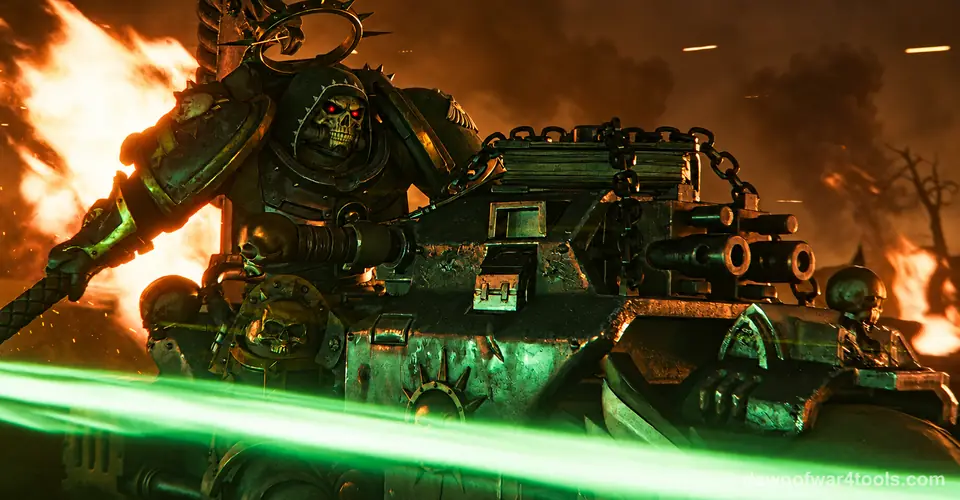 A Space Marine in dark green armour and a skull helmet beside a dark green tank, with a bright green energy beam and fires, in Dawn of War IV