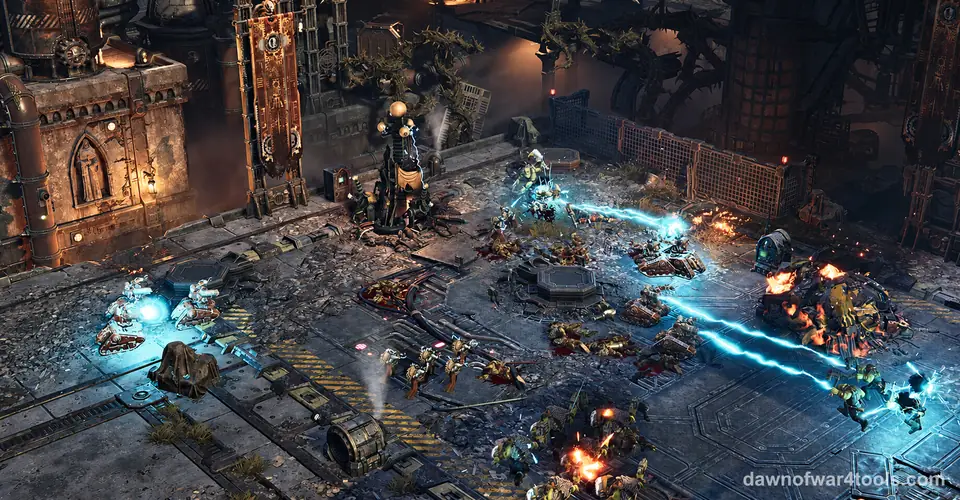 A battle on a metal plaza in a ruined gothic city in Dawn of War IV: small tracked war machines fire blue lightning at a crowd of green-skinned Orks beside a burning wreck