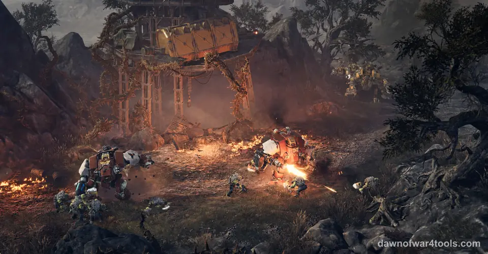 A battle in a dark forest clearing seen from above in Dawn of War IV: armoured walkers and infantry fight among burning patches of ground