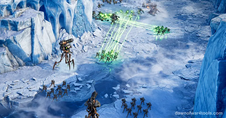 A battle in an icy canyon in Dawn of War IV: squads fire bright green beams across the ice while tall walkers on thin legs and more troops advance