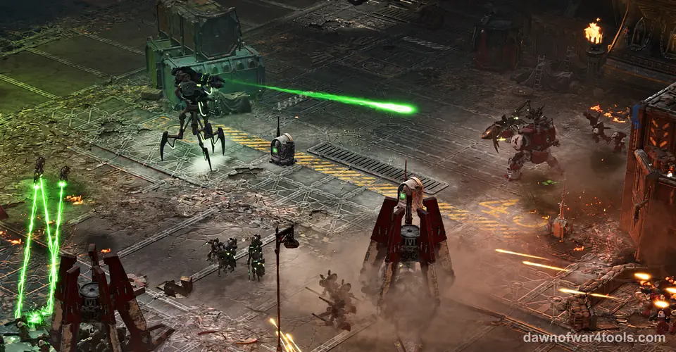 Tall thin-legged Necron walkers and soldiers on a dark metal plaza fire bright green beams, while red-armoured troops shoot back from the right, in Dawn of War IV