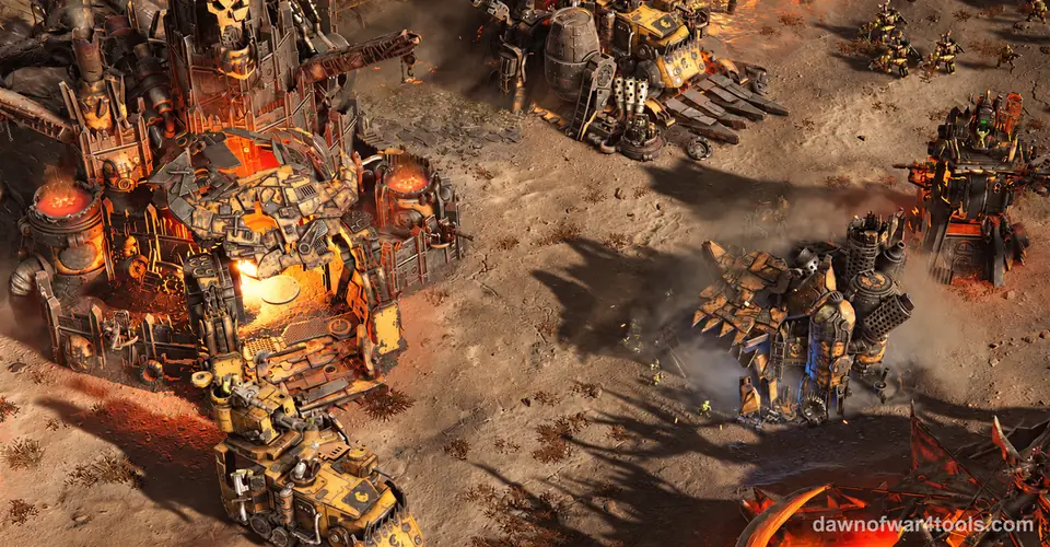 An Ork base in an orange desert seen from above in Dawn of War IV: a rusty scrap fortress with glowing furnaces, a yellow battle truck and spiky Ork buildings