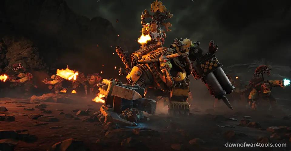 A huge Ork in yellow and black mechanical armour with a large claw, a small goblin firing a gun from its back, and more Orks shooting behind it in the dark, in Dawn of War IV