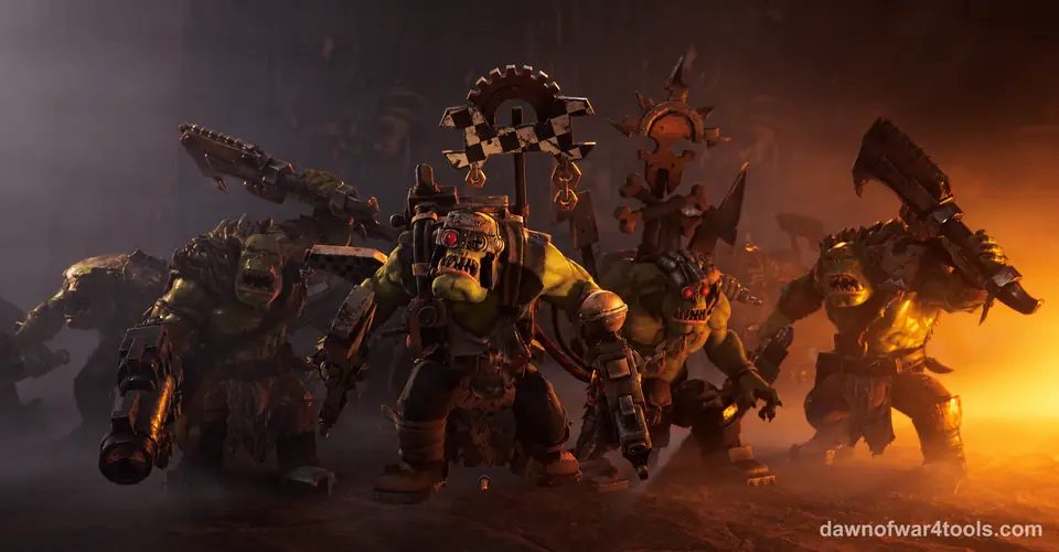 A mob of green-skinned Orks with huge guns, horned helmets and banners in orange smoky light in Dawn of War IV