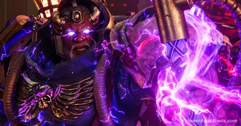 A hooded Space Marine with glowing eyes and a winged skull on his armour, with purple lightning beside him, in Dawn of War IV