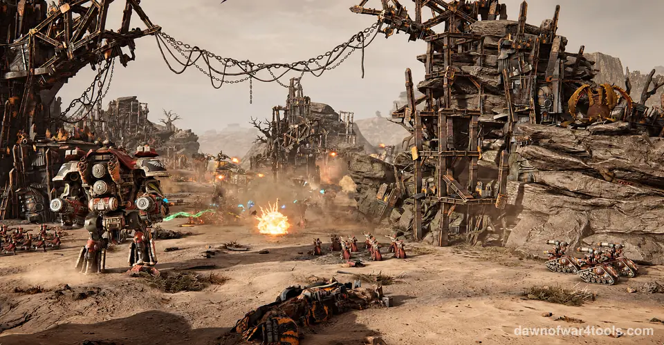An Ork town of rusty iron towers and hanging chains in a desert canyon, with a tall walking war machine and an explosion, in Dawn of War IV