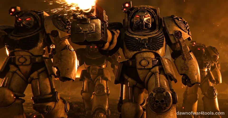 Three Space Marines in heavy Terminator armour with red eye lenses advance through orange smoke and sparks in Dawn of War IV